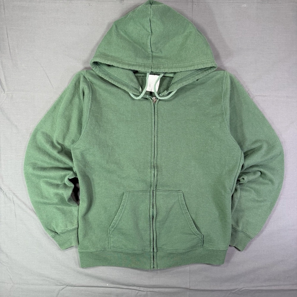 Y2K Green Zip Up Hoodie Blank Mens Size Large Vintage Skater Essentials Hooded